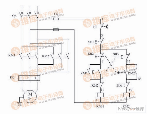 三相异步电动机正反转电气互锁继电器控制电路图_自锁和互锁控制电路图_逻辑控制电路 互锁